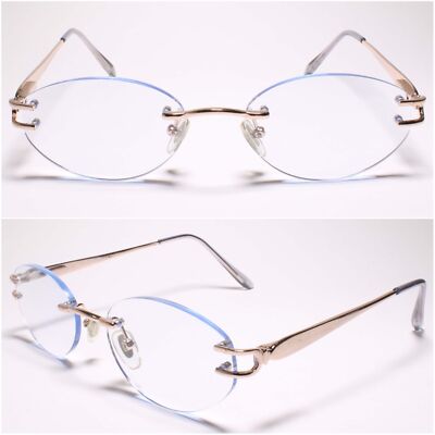 Womens Blue Tinted Lens Oval Gold Rimless Reading Glasses