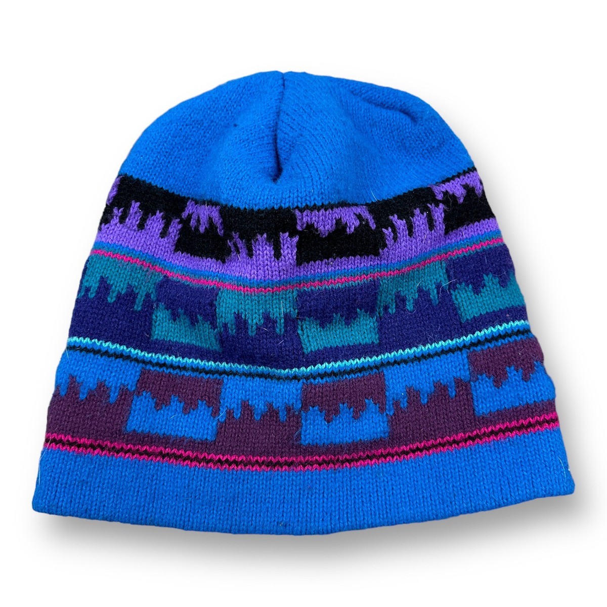 帽子 Y.A.R.N knit hat Vtg Retro Wool Blend Hand Knit Hat Beanie Blue Zig Zag Ski Adult
