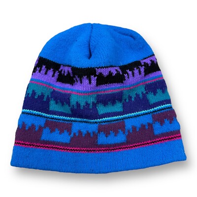 Vtg Retro Wool Blend Hand Knit Hat Beanie Blue Zig Zag Ski Adult