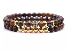 HERREN ARMBAND 2ER-SET UNISEX HERREN  PERLEN FLEXIBEL GOLD BRAUN