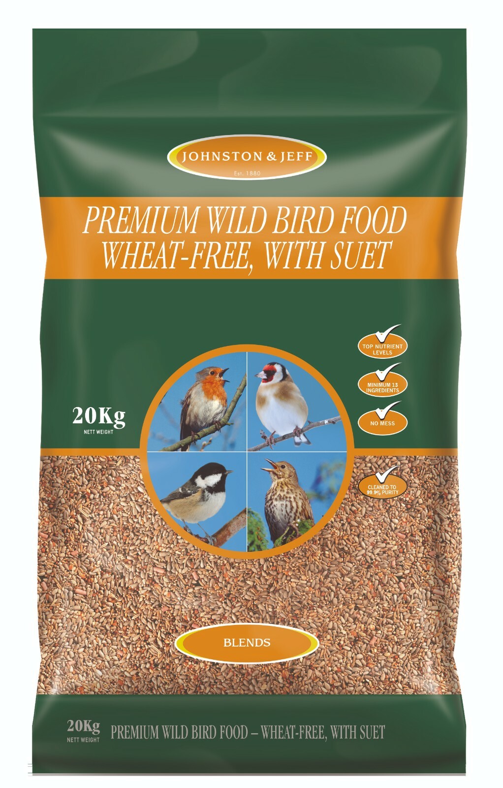 20KG JOHNSTON & JEFF PREMIUM WILD BIRD FOOD WheatFree Mix with Suet