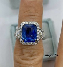 14K White Gold Finish Real Blue Sapphire 3CT Emerald Cut Engagement Jewelry Ring