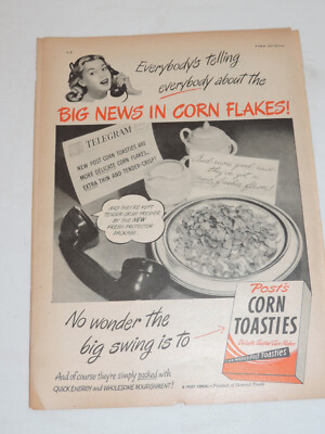 1947 POST'S CORN TOASTIES CEREAL Full Page Multi-Color Print Advertisement