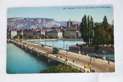 Ak CP PC Genêve Genf Geneva,Pont du Mont Blanc et Ile Rousseau,Tram,um 1915,rare