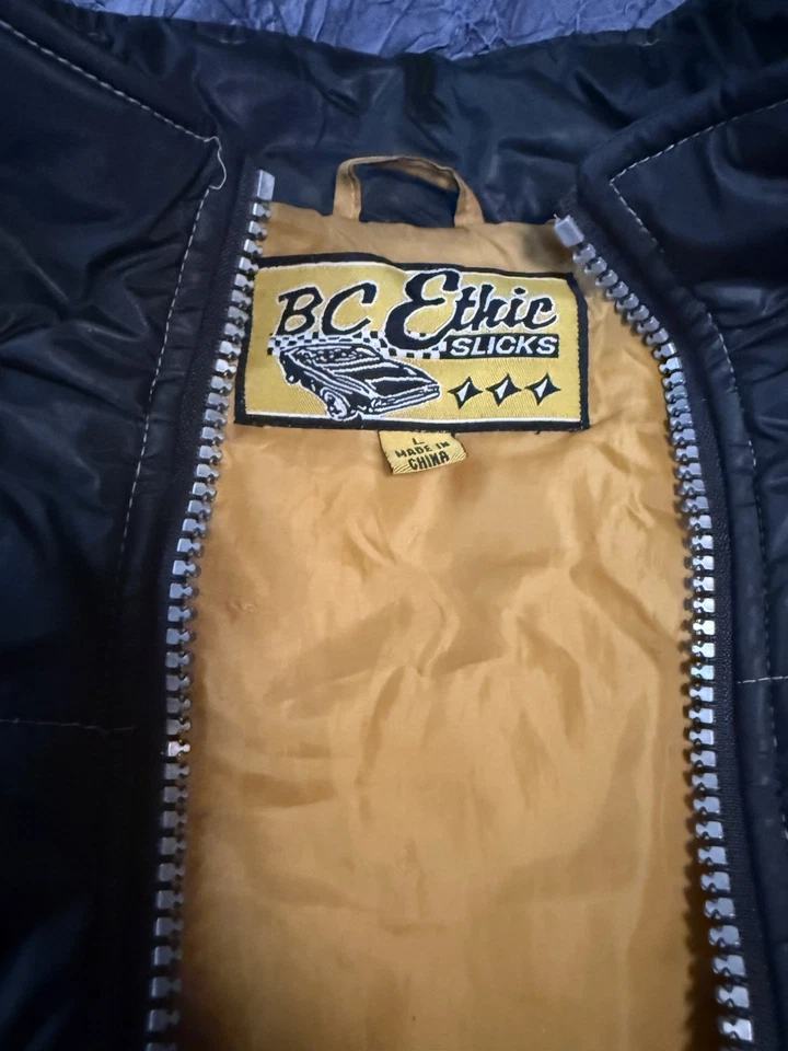 VTG Y2K BC Ethic Slicks Puffer Vest Black Yellow L Hot Rod Streetwear Rare USA - Image 2 of 4