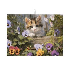 Floral Cat Dish Drying Mat For Kitchen Counter, 18" x 18",