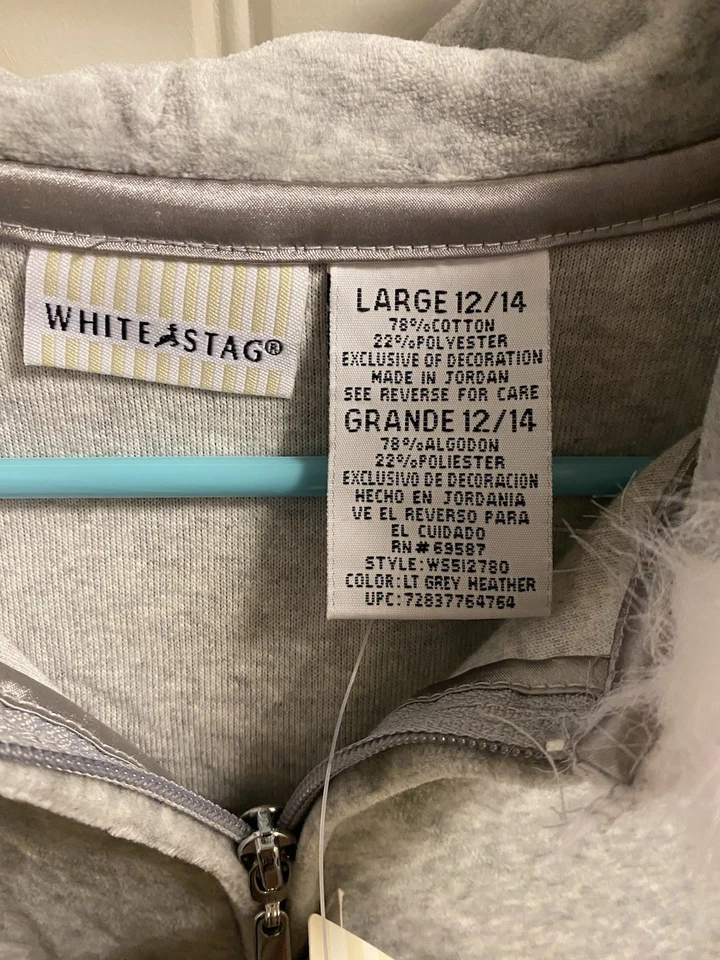 NWT White Stag L Zip Hoodie Jacket Gray Velour White Faux Fur Trim Sweatshirt Lg - Image 4 of 4