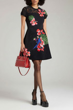 VALENTINO Dress Crepe Knit Black Pink Floral Jacquard Lace Trim Sz M RRP $3750
