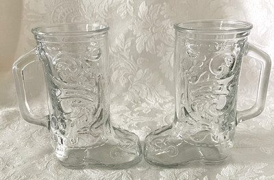 Vintage Western Cowboy Boots 2 Clear Glasses Beer Mug Drinking Glass with Handle