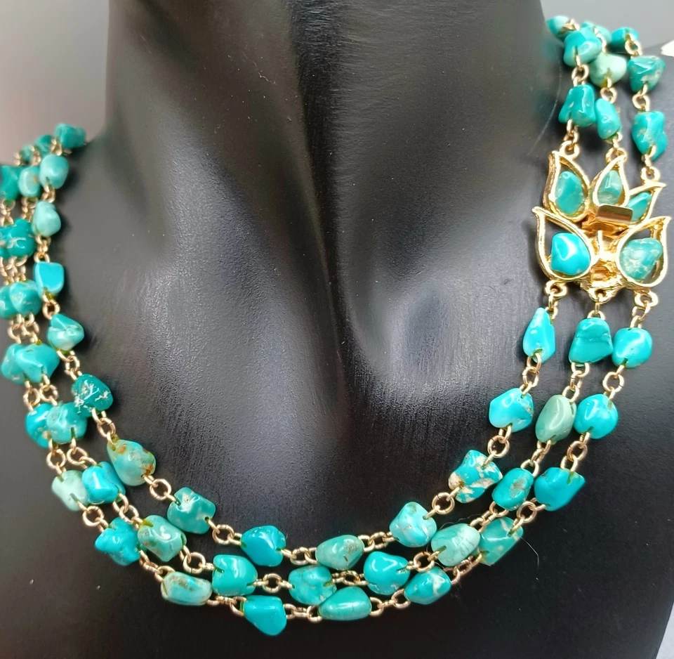 Turquoise Chip Necklace 3 Strand Gold Tone Link Decorative Box Clasp 16.5" - Image 2 of 4