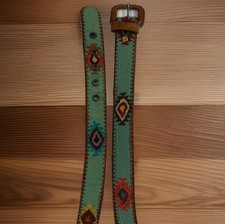 Vintage Southwestern Woven Leather Belt Boho Tribal Embroidered Turquoise VGC