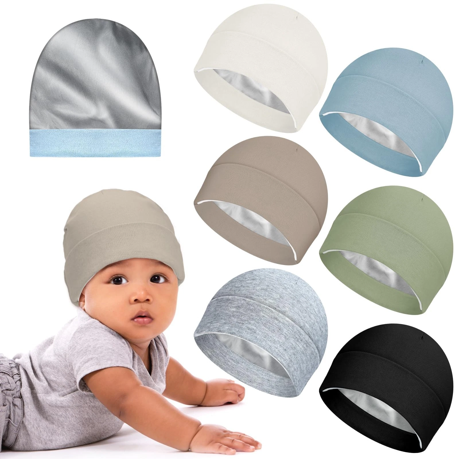 Satin Lined Baby Newborn Hats Silk Beanie Toddler Hospital Infant 6 PCS
