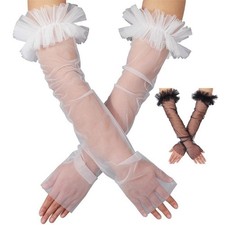 Mesh Opera Gloves with Ruffled Cuffs Black White for Halloween and Opera