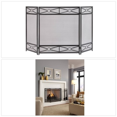 Tripanel Vintage Fireplace Screen Decorative Iron Finish Fire Pit