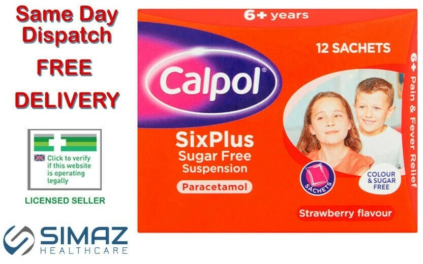 Calpol 6+ Fever Pain Relief Strawberry Colour Sugar Free 12 Sachets sixplus six