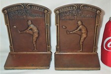 ANTIQUE SIGN G.D. C.J.O. JUDD BRONZE FOOTBALL SPORT MAN BALL PLAYER ART BOOKENDS