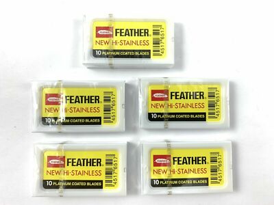 50 FEATHER Hi-Stainless Platinum Double Edge Safety Razor Blades 5 Packs of 10 