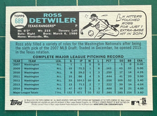2015 Topps Heritage Blue Ink Back Ross Detwiler #689 - Picture 2 of 2