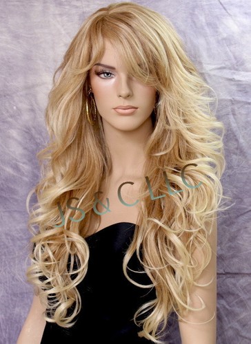 Full Human Hair Blend Wig Long Wavy Bangs Layered Heat OK Blonde mix 27-613 RMVS - Picture 4 of 10