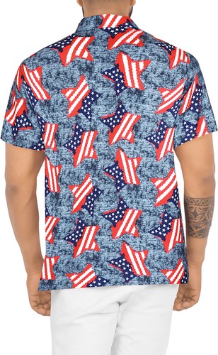 LA LEELA Men's Hawaiian Short Sleeve Button Down Shirts L Freedom Stars, Grey - Picture 2 of 3