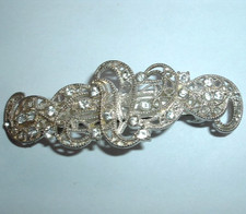 VINTAGE BEADED SILVERTONE WHITE RHINESTONE 3.5" HAIR BARRETTE