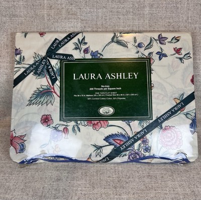 Laura Ashley Vintage Chinese Silk Twin Size Flat Sheet Scalloped Floral NWT