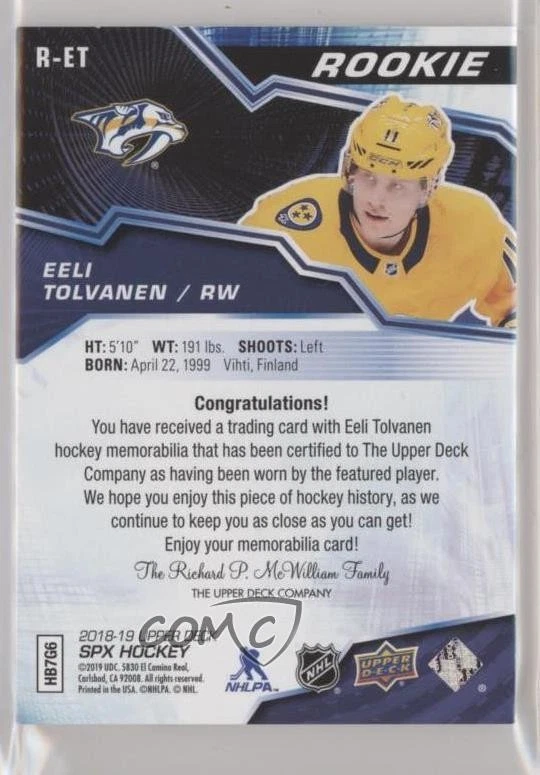 2018-19 SPx Rookies Premium Materials /25 Eeli Tolvanen #R-ET RC - Image 2 of 2