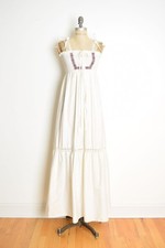 vintage 70s sun dress cream smocked hippie boho long maxi cottagecore tiered XS