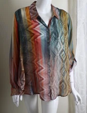 APNY Sz L Southwest Art-to-Wear Silky Fluid Rayon Blouse Shirt Top Funky Flowing