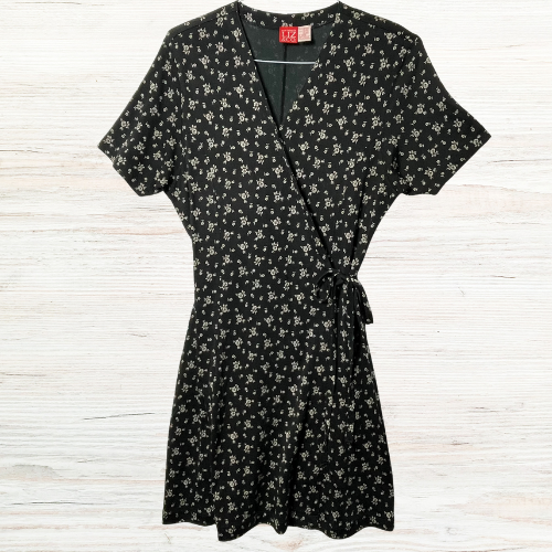 Liz & Co Faux Wrap Dress M Midi Side Tie Black Floral Feminine Summer Casual - Picture 1 of 8