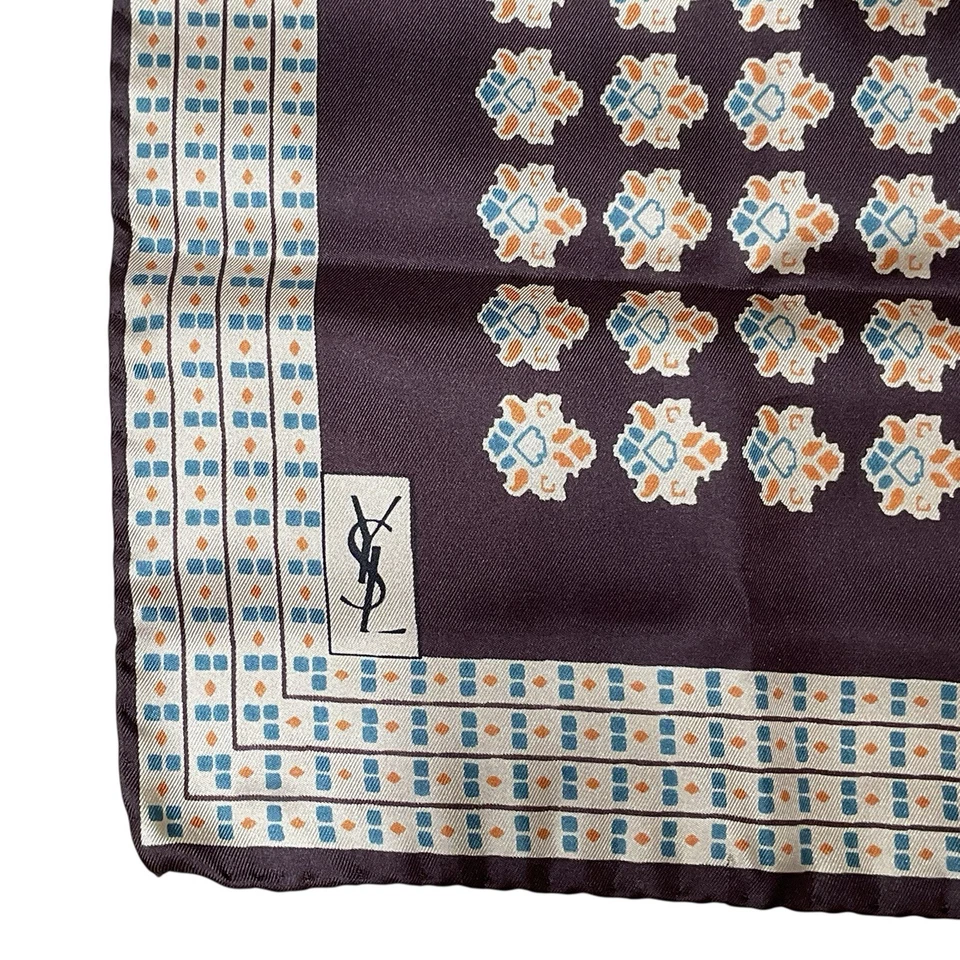 Yves Saint Laurent Silk Pocket Square Brown YSL Handkerchief Hand Rolled Vintage - Image 2 of 4