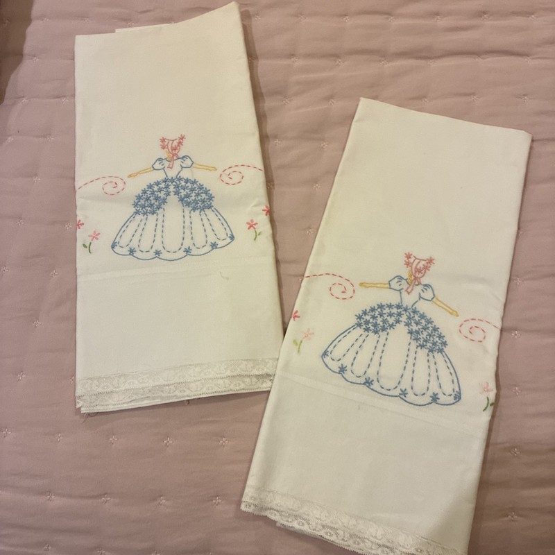 Embroidered Pillow Cases Lady In Blue Dress Pink Flowers