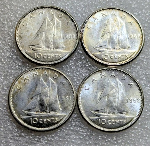 1959, 1960 1961 1962 10 Cents Canada Mint State #122