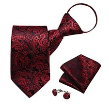 Silk Zipper Ties for Men,Paisley Solid Plaid Pre-tied Tie Black Red Paisley