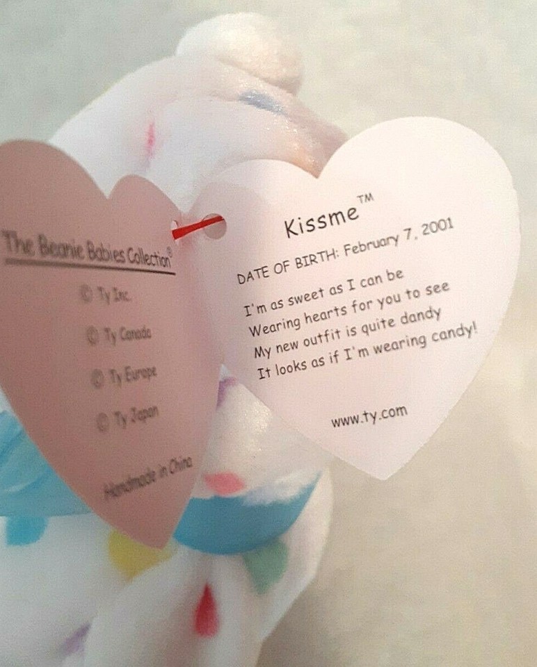 Ty Beanie Babies Kissme BEAR Valentines HEARTS PASTEL candy 2001 new