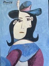 PICASSO Pablo Original French Painting Signed Mid Century Hat Woman Cubism A49