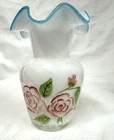 Vintage Fenton White Swirl Vase with Aqua Ruffled Crest Painted Pink Roses