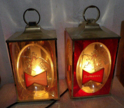 VTG 1968 Budweiser Beer Pair Hanging Square Coach Lights Lamps
