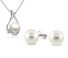 Wedding Bridal Silver Freshwater Pearl Pendant Necklace Stud Earrings Set Box H6