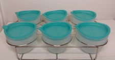 #100181 Pampered Chef Mini Freezer Bowls Teal Lids in Metal Storage Rack Disc VG
