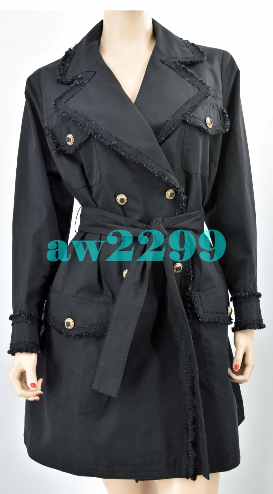 TRENCH CHANEL 10S 2010 PIÙ RICERCATO TWEED FRANGE CON FINITURE CINTURA FR 34 NERO