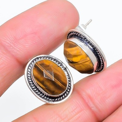 Tiger Eye Gemstone 925 Sterling Silver Jewelry Stud Earring Size 0.75''