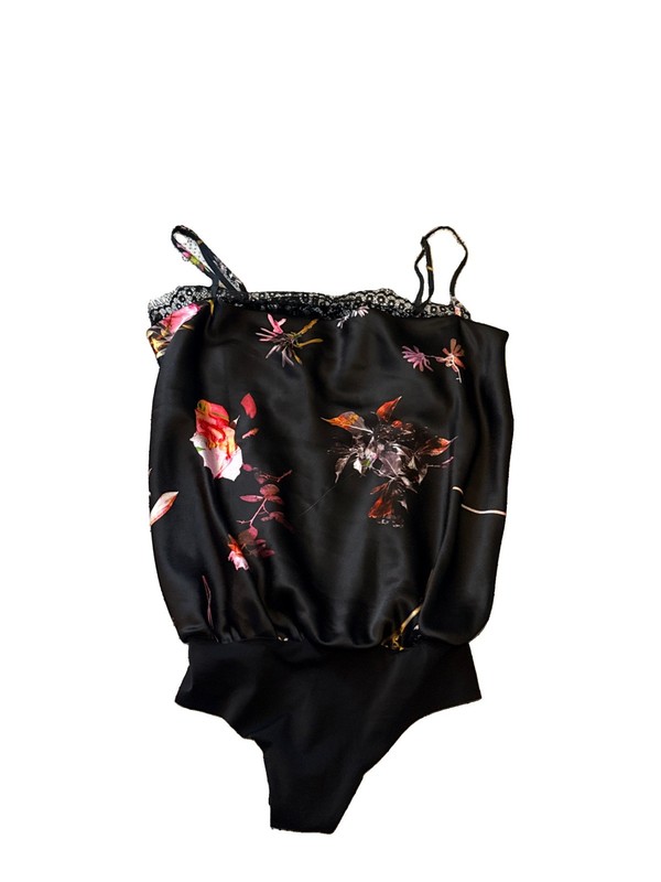 Victoria's Secret Black Floral Satin Cowl Neck Bodysuit Tank Top Cami Sz. XS EUC