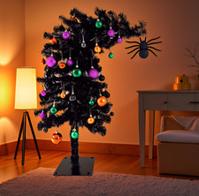 3ft Prelit Black Tinsel Halloween Tree Decorations with 50 Orange Led Lights,Hal