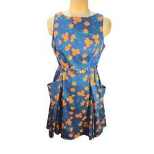 Modcloth Collectif Blue Orange Floral Sleeveless Fit Flare Dress Pockets Size 14
