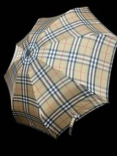 Burberrys Nova Check Folding Umbrella Beige Wood Handle Vintage Authentic