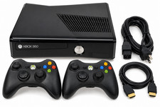 Xbox 360 Slim Black Console Bundle w/ 2 Controllers HDMI & Power Cord - Tested