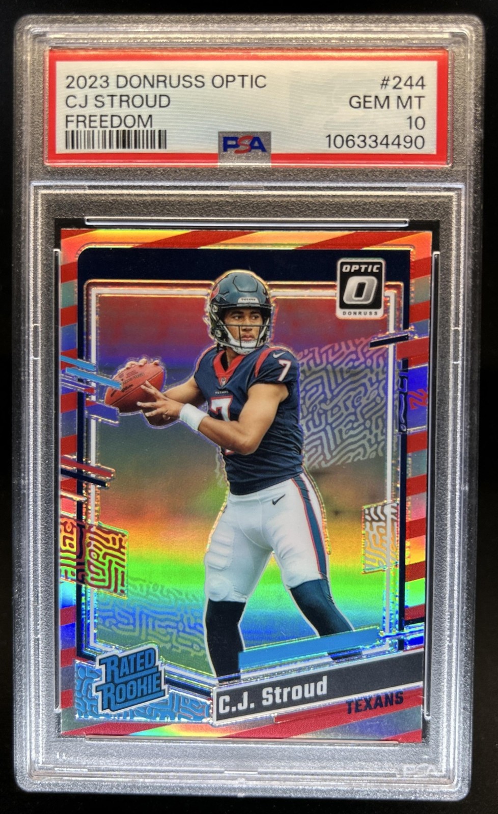 2023 Panini Donruss Optic C.J. Stroud Freedom Prizm RC Rated Rookie #244 PSA 10 view 1