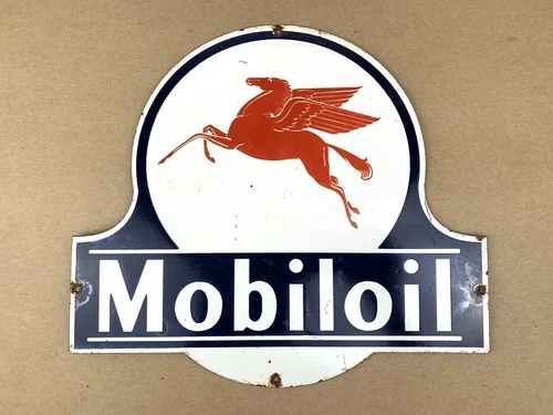 VINTAGE 13x12" MOBILOIL MOBILGAS PEGASUS GASOLINE PORCELAIN MOTOR OIL SIGN