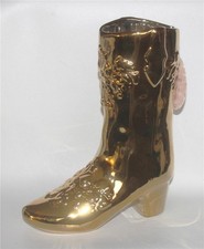 LRG Gold Foil Metallic 11" Embossed Flowers Ceramic Cowboy Boot Planter Vase NWT